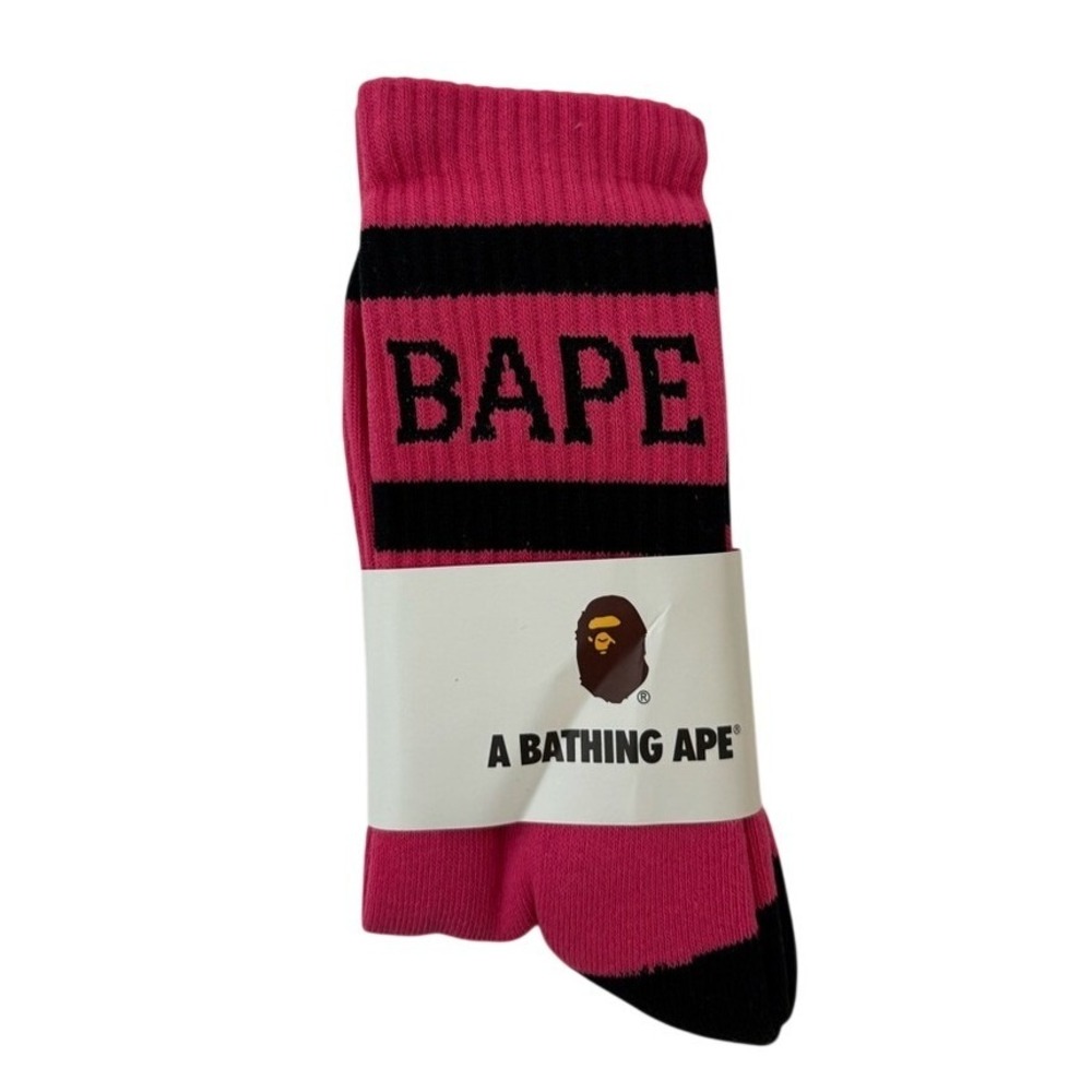 Bape Crew Socks Striped Logo Mens Womens Unisex Size 9-11 Dark Pink Magenta New